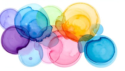 Abstract artwork of overlapping, colorful ink circles on a white background