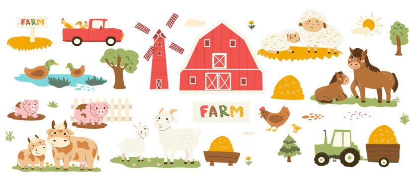 Cute children's farmhouse, mill and domestic animals set. Mom cow, goat and sheep, horse with kids baby animals, farm transport. Cute pig and piglet, ducks, chickens and red car vector illustration.