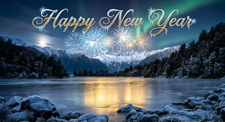 New Year's Eve Celebration: Festive fireworks explode above a snow-covered mountain, shimmering on the frozen lake's surface, illuminated by the captivating aurora borealis.