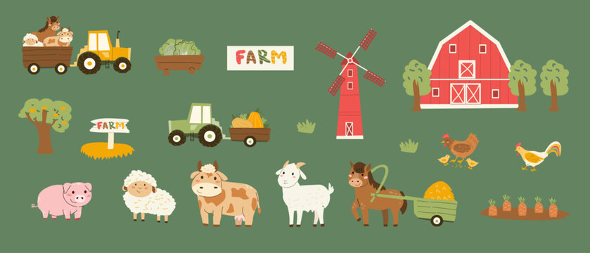 Cartoon animals, farm and tractor elements set. Cute cow, horse, sheep and pig, domestic birds, farmhouse and mill. Kids vector illustration on green background. Farm stickers set.