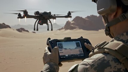 Military personnel operate drone in desert environment for surveillance and monitoring during training exercises