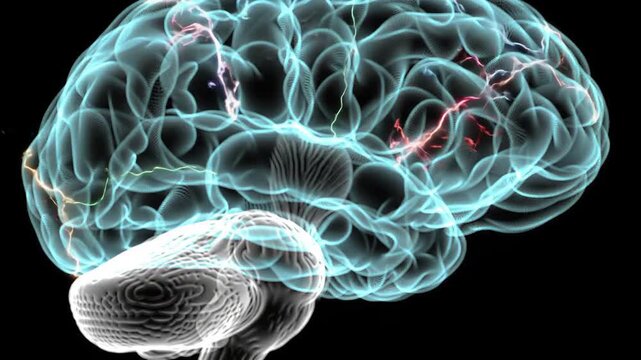 Translucent glowing blue human brain with visible neural pathways on a black background.