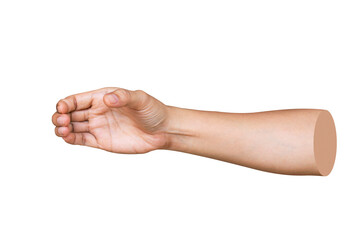 Man hand show holding something like a bottle isolated on white background. Clipping path included