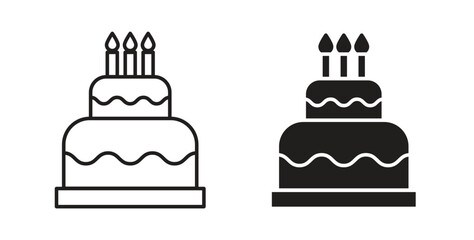 Birthday cake icons in line designs. solid silhouette style in black