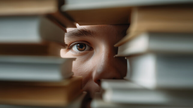 Close-up of a Young Adult's Eye Gazing Through a Gap Between Stacked Books in a Cozy Library Setting