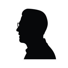 A black silhouette illustration of a man's head and shoulders in profile view, featuring glasses