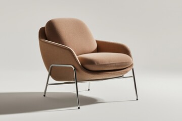 Modern armchair with soft brown fabric upholstery and sleek metal legs, offering comfortable and elegant seating option for contemporary interiors