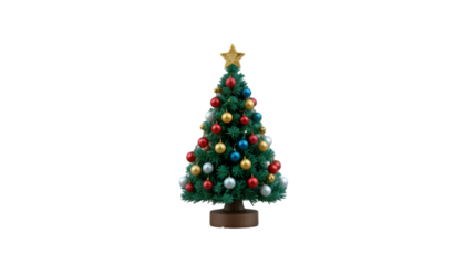 Miniature decorated christmas tree with gold star topper and colorful ornaments for holiday design