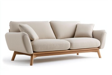 Modern beige sofa with soft cushions and wooden legs, offering comfortable seating with stylish and cozy design perfect for living room relaxation and home decor
