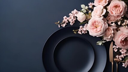 Elegant table setting with pink roses and dark plate for a special occasion in a modern interior