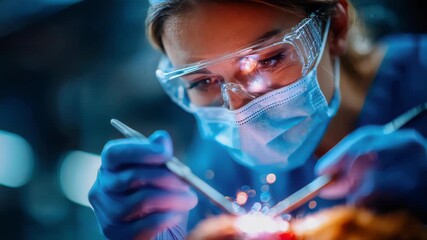 A focused veterinary surgeon in protective gear performing a delicate dental procedure with precision instruments