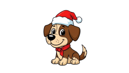 Cute Cartoon Puppy Dog Wearing Santa Hat and Red Scarf for Christmas. isolated PNG with Transparent Background
