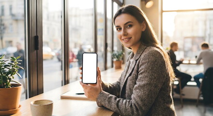 Young businesswoman showing a smartphone with a blank white screen mockup while sitting in a cozy cafe with daylight.