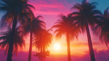 Fototapeta premium Vibrant sunset silhouettes of palm trees on a tropical beach.