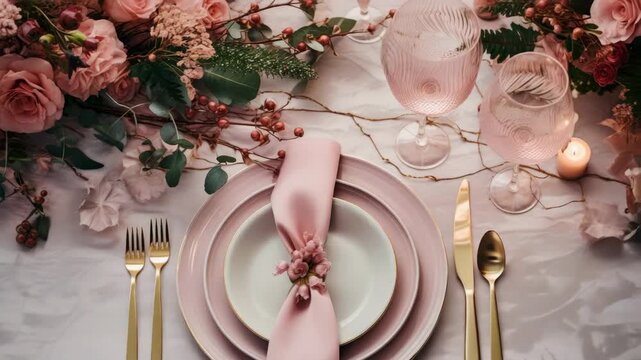Elegant table setting with pink decor for a romantic dinner in a cozy ambiance at night with soft lighting