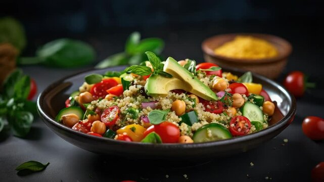 Healthy quinoa salad with fresh vegetables and herbs served in a dark setting