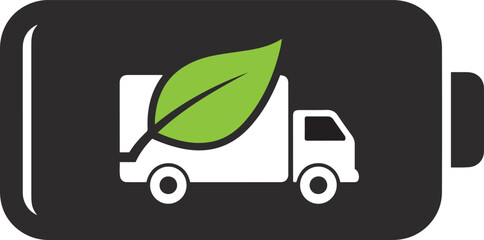 White delivery truck with green leaf symbol inside a dark gray battery icon white truck.