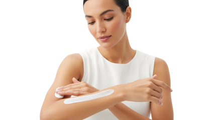 A woman gently applying lotion to her skin for skincare. She appears focused on taking care of her skin with white lotion