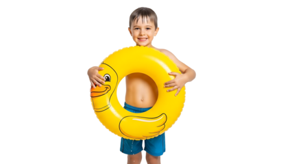 A young boy holding a yellow duck inflatable ring and smiling at the camera