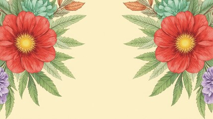 Beautiful symmetrical hand-painted watercolor floral border featuring large red flowers, green leaves, and smaller accent blossoms on a pale cream background. 