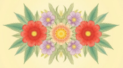 A vibrant, detailed watercolor illustration featuring a symmetrical arrangement of colorful flowers and lush green leaves. 