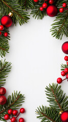 Christmas minimal background with pine branches red bauble and berry decoration on white surface festive and elegant holiday concept