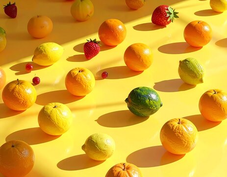 Bright sunny spread of oranges, lemons, limes, and strawberries on a yellow background, casting sharp shadows