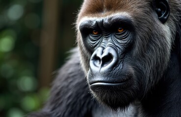 Fototapeta premium Gorilla portrait with intense gaze in a lush tropical forest backdrop and foliage