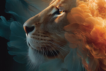 Majestic Lion's Profile with Fiery Mane and Feathered Detail - A Symbol of Strength and Beauty