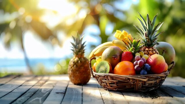 A vivid, highresolution photograph of a tropical fruit basket on a wooden surface. The main subject is a basket filled with a variety of fresh fruits, including pineapple, kiwi, mango, and grapes.