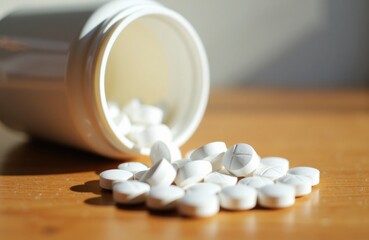 Pills spill from a medicine bottle onto a wooden surface creating still life