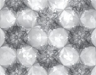 Grayscale kaleidoscopic arrangement featuring geometric shapes and intricate floral-like patterns with a subtle gradient appearance