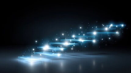 Obraz premium Neon Glittering Steps Leading to Unknown Dimensions in an Ambient Dark Environment with Sparkling Light Elements and a Mysterious Atmosphere