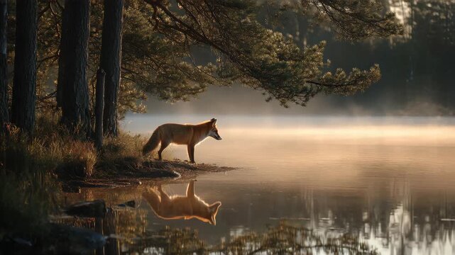 red fox standing at the edge of a still forest lake at dawn, gazing into the calm water. Gentle morning mist floats above the surface, and soft golden sunlight filters through tall pine trees
