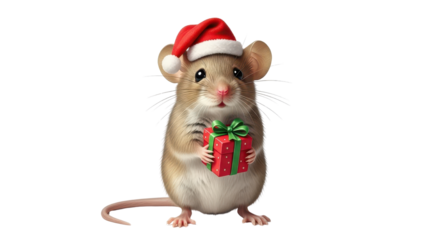 Cute Christmas Mouse Wearing Santa Hat Holding Red Gift Isolated Illustration isolated PNG with Transparent Background