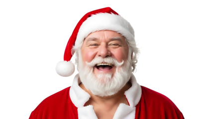 A joyful portrait of a man dressed as Santa Claus laughing. The man wears a red hat and suit with a white beard