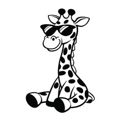 Cartoon giraffe sits wearing sunglasses with spotted skin in black and white design © Shimul