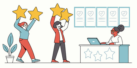 Business Team Celebrating Positive Reviews and Five Star Ratings