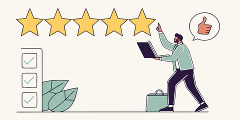 Businessman Checking Five Star Online Rating and Review Checklist