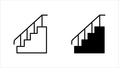stairs_icon set. black silhouette icon of ascending stairs with a handrail, representing elevation, levels, steps, architecture, and upward movement.