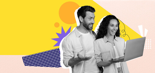 A couple smiles and interacts as they explore information on a laptop. The background features a vibrant collage of colors and shapes, creating an energetic atmosphere.