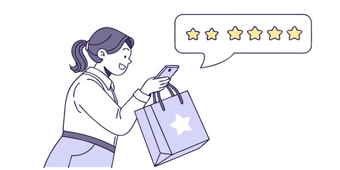 Woman Shopping Online with Mobile Phone and Five Star Rating