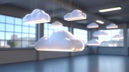 Floating white clouds in modern interior space with large windows and soft lighting creating a serene and imaginative atmosphere for creative ideas