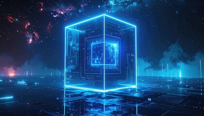 Neon cube in futuristic space