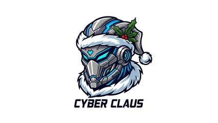 Fototapeta premium A futuristic robotic head mascot wearing a Santa Claus hat and headphones on a white background with blue accents and a cyberpunk theme.