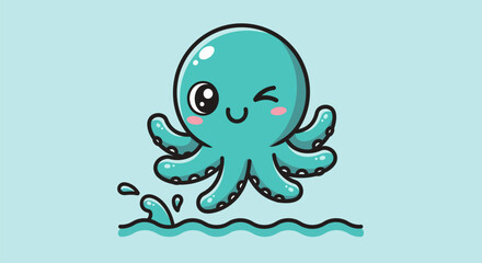 Adorable cartoon octopus playfully splashing in the ocean water with a happy expression. © Arc std.