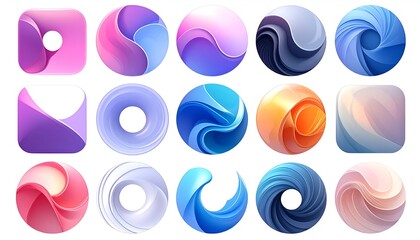 Collection of abstract, colorful, and glossy geometric shapes and icons, various designs