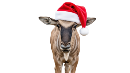 Funny Blue Wildebeest Wearing Red Santa Claus Hat Isolated Holiday Photo isolated PNG with Transparent Background