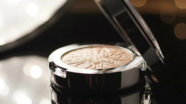 Illuminating Powder Compact Silver Case with Open Lid on Glossy Black Surface and Defocused Gold Light Background for Beauty and Cosmetics Promotion 185 chars