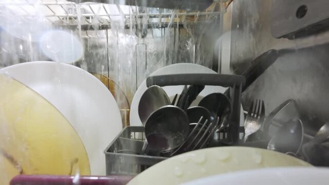 Inside view of a running dishwasher with water spraying over dishes and utensils, creating a dynamic underwater-like perspective from a camera mounted inside the machine
